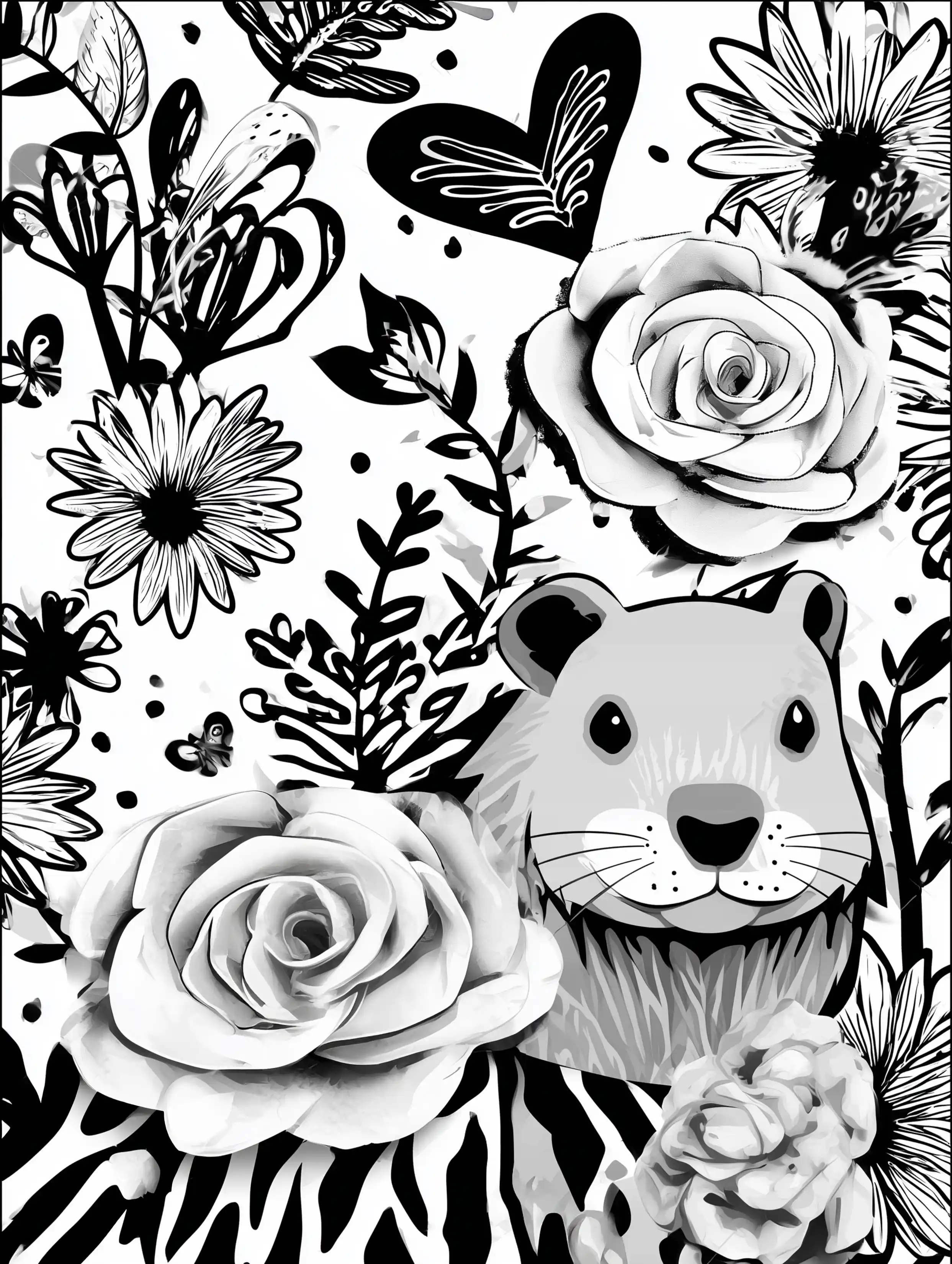 Free printable zoo coloring sheet featuring a beaver surrounded by flowers